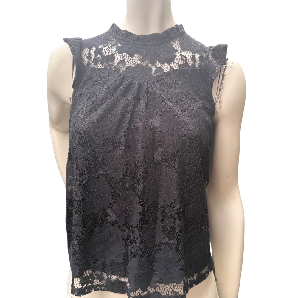 Monteau Floral Lace Mock Neck Ruffle Top Black Whimsigoth Romantic Coquette Sz M